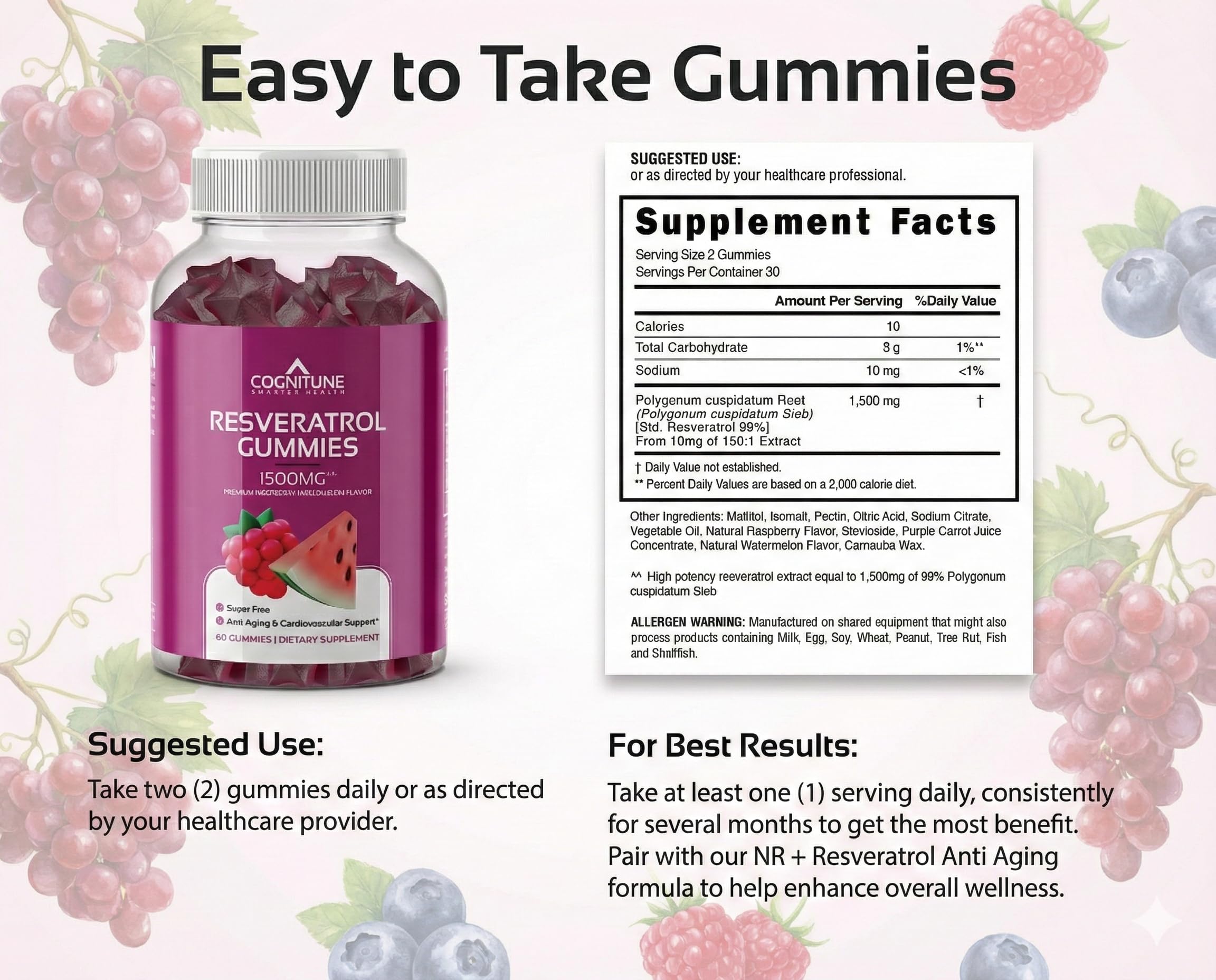 Vegan, non-GMO, gluten-free icons on Cognitune bottle support dietary preferences.