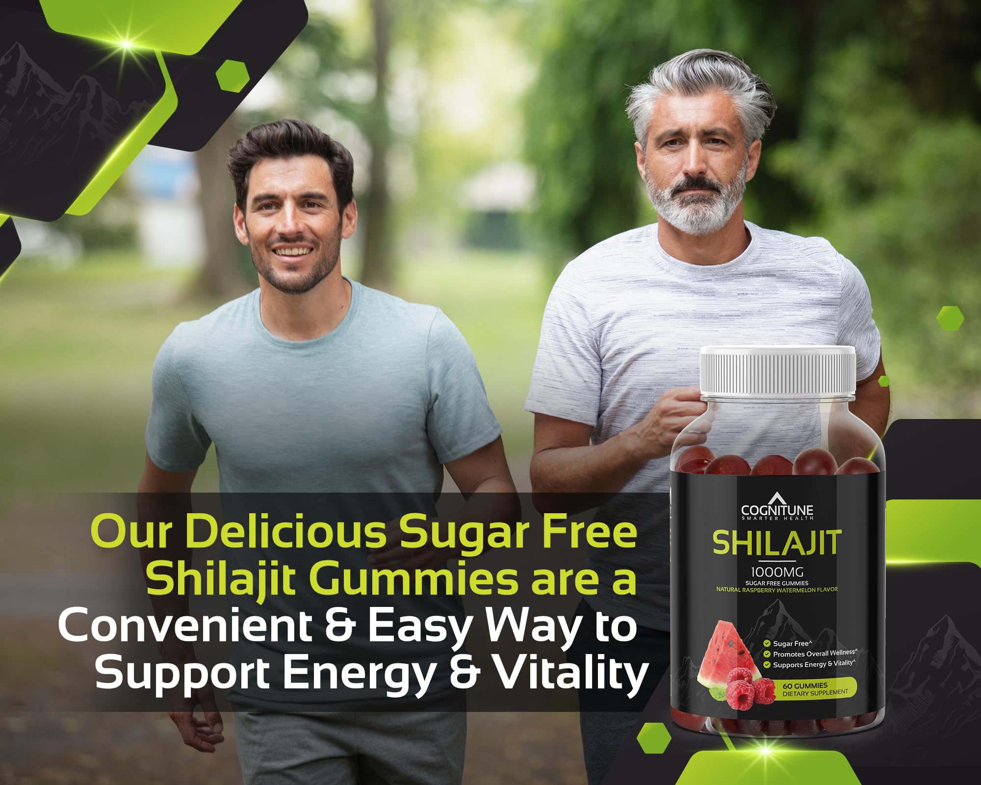 CogniTune Shilajit Gummies on spoon shows sugar-free vegan gluten-free format