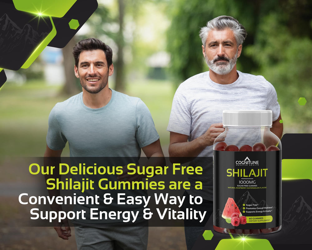 CogniTune Shilajit Gummies on spoon shows sugar-free vegan gluten-free format