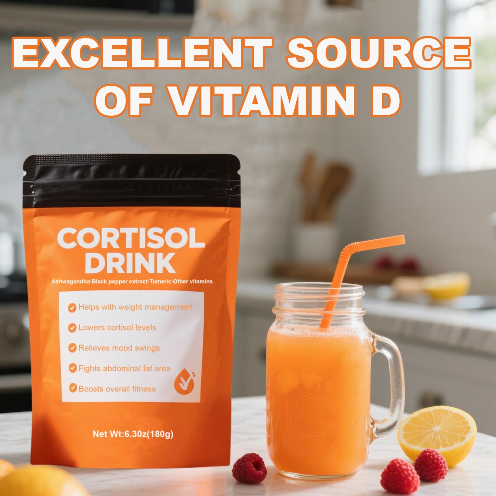 COLEPSW Cortisol Drink Powder scoop beside the container for easy daily servings