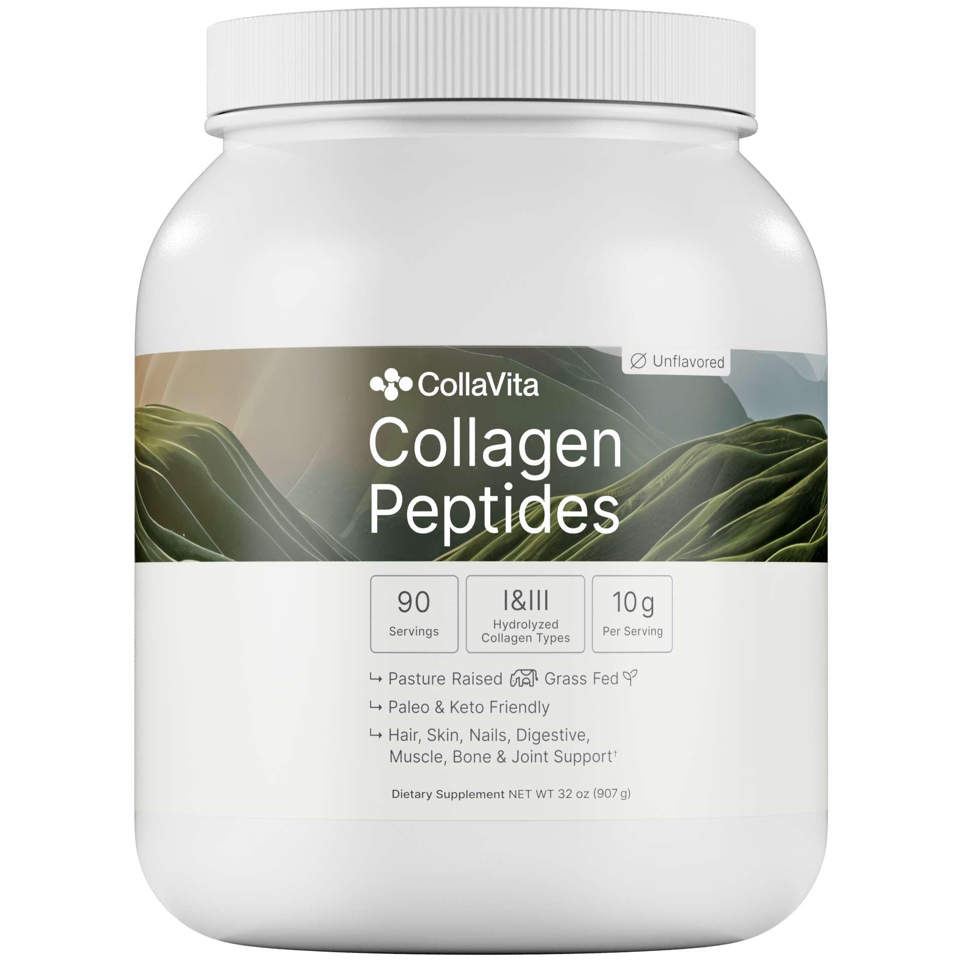 Colla Vita collagen peptides powder bottle, clean and versatile for joints and beauty