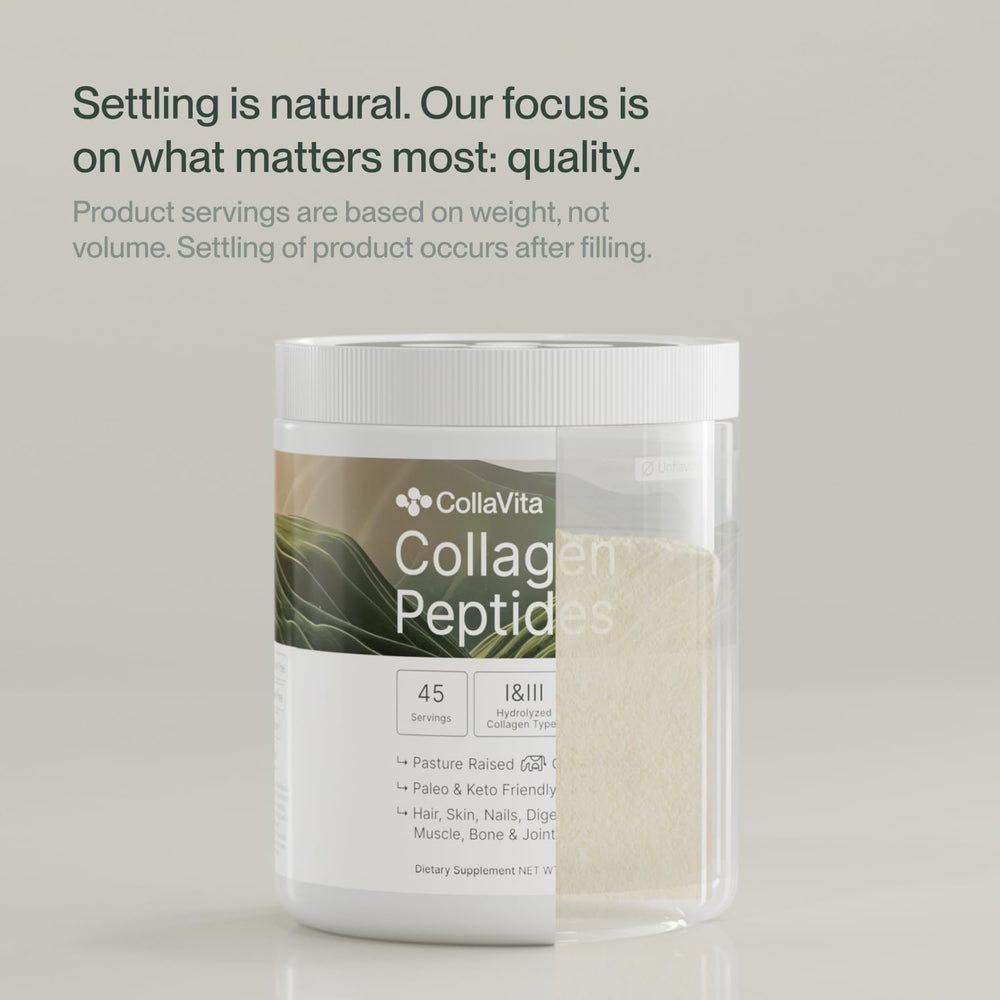 Two Colla Vita collagen tubs on a pantry shelf representing a convenient 2-pack.