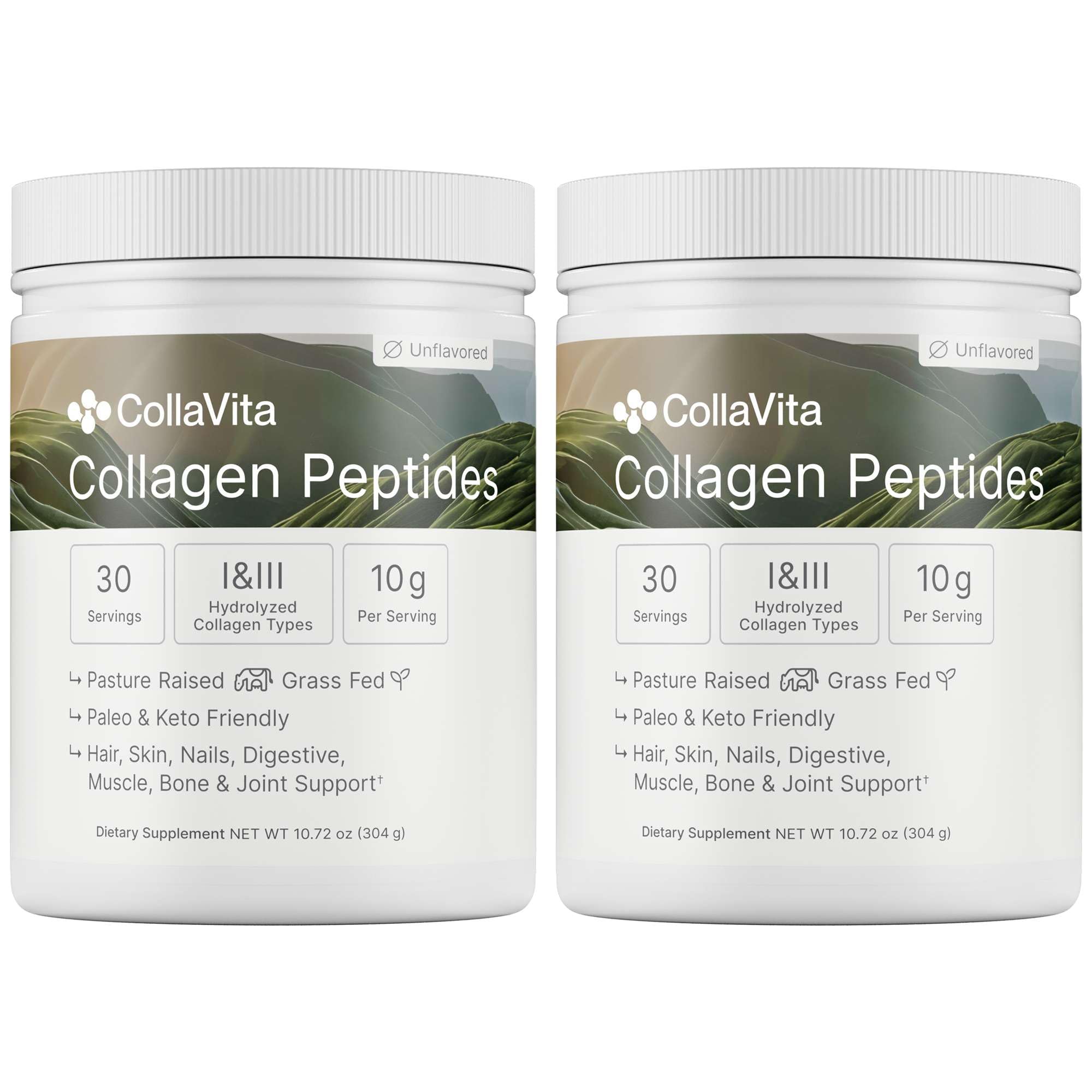 Colla Vita collagen powder tub front showing unflavored formula for daily use to support joints and skin.