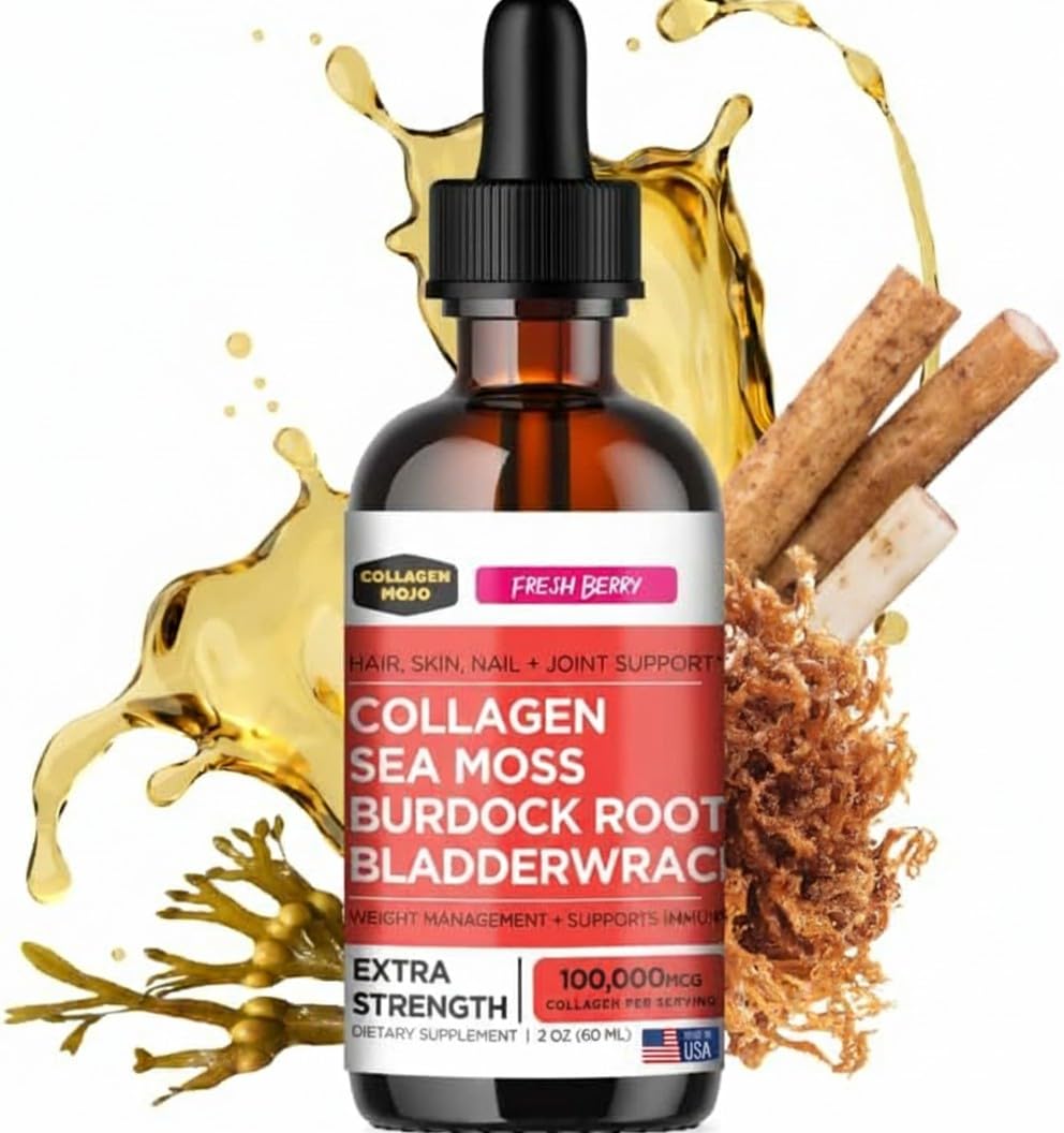 Collagen Mojo bottle pouring shows premium liquid collagen for daily wellness.