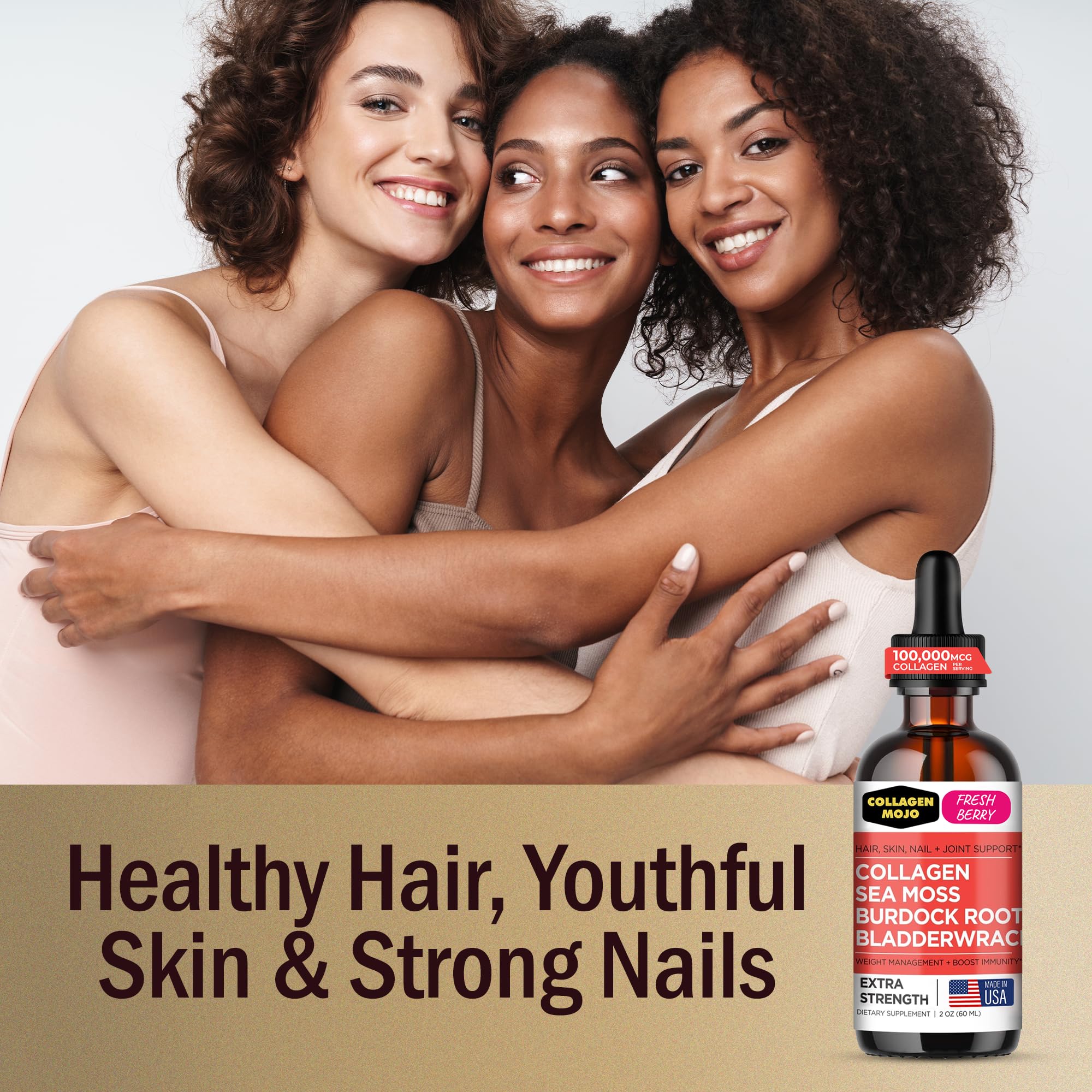 Collagen Mojo imagery emphasizes hair, skin, and nails with regular use.