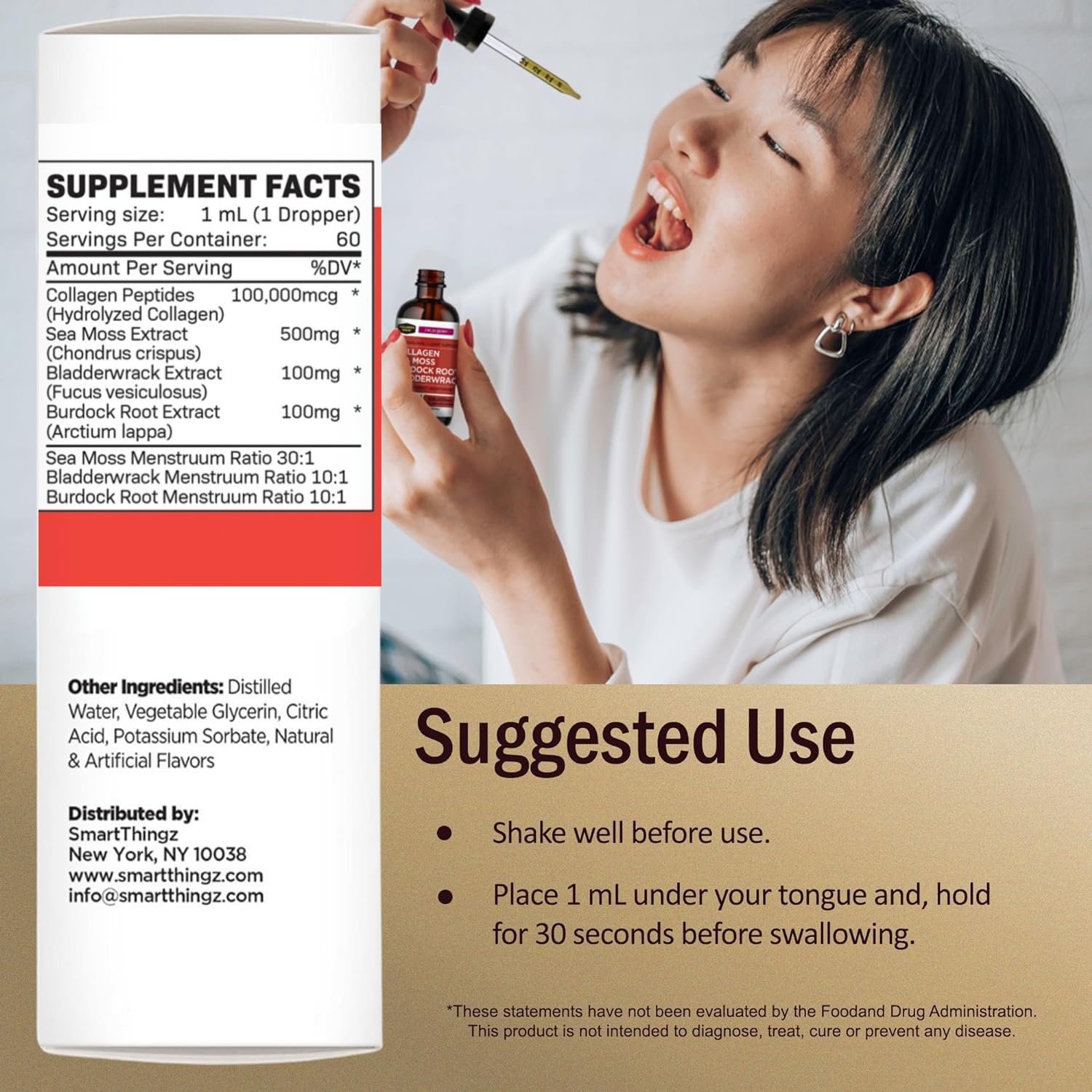 Collagen Mojo dropper under the tongue for quick absorption.