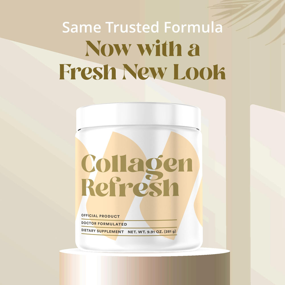 Collagen Refresh glass-with-powder ready to mix into a drink.