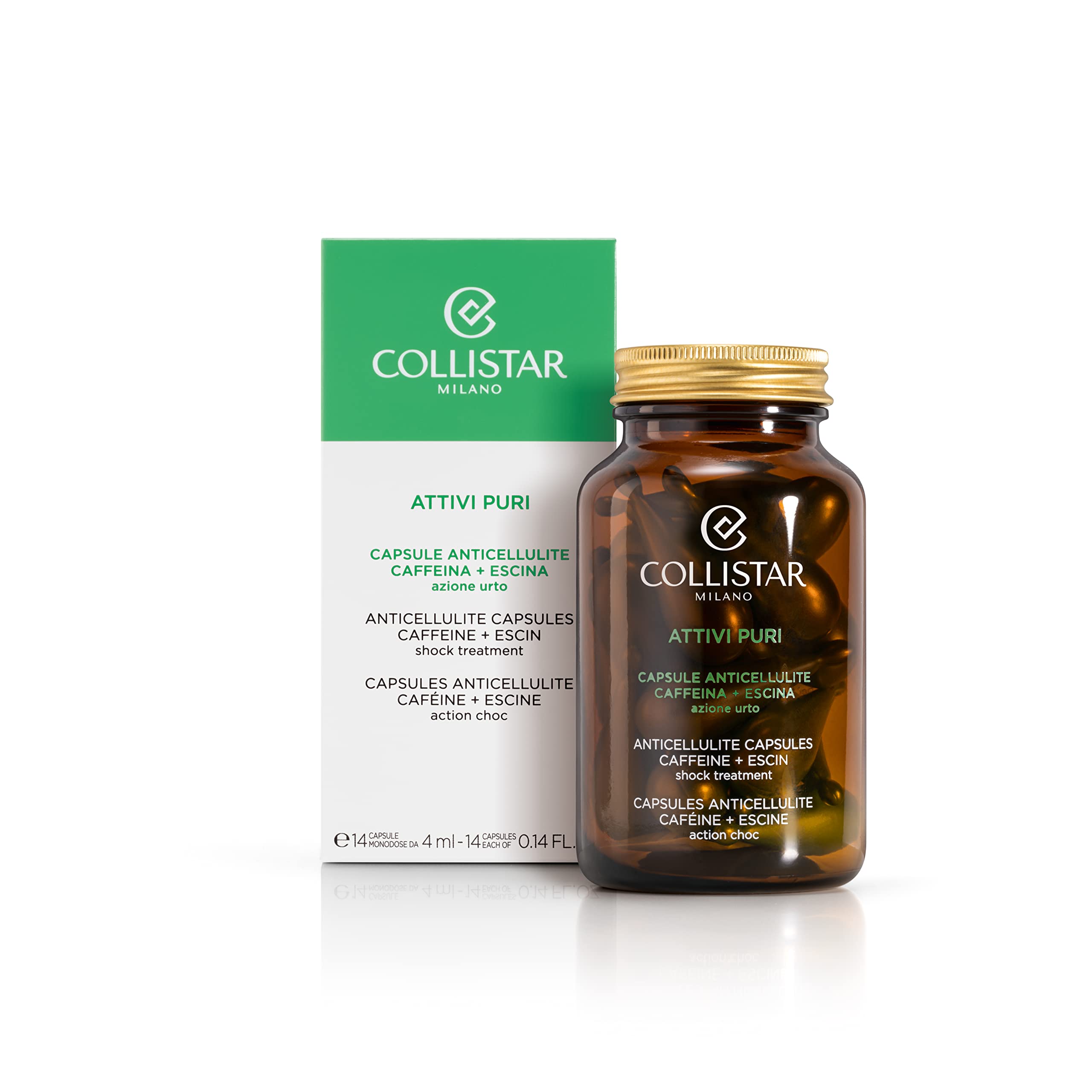 Hands massaging Collistar Pure Actives capsules into the skin for targeted use.