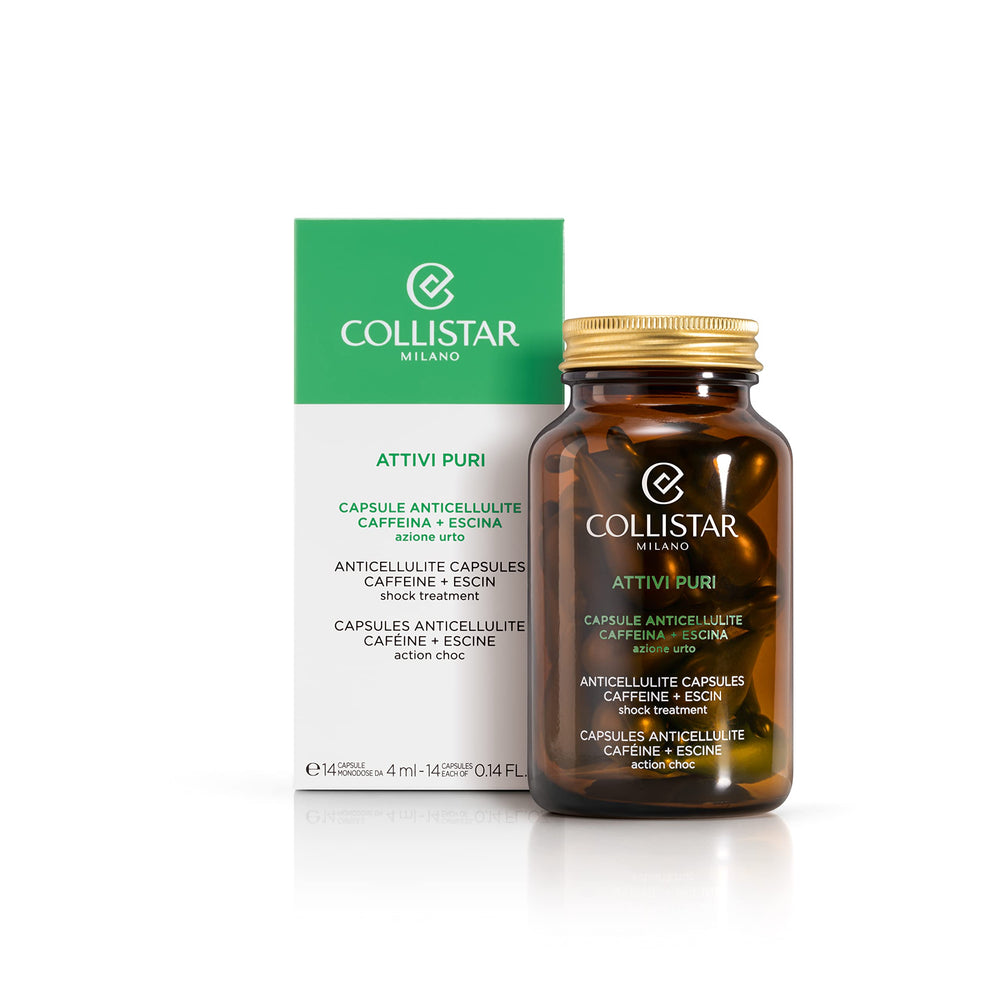 Hands massaging Collistar Pure Actives capsules into the skin for targeted use.