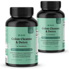 ColonBroom 15-day cleanse packaging shows an easy daily routine for gentle detox.