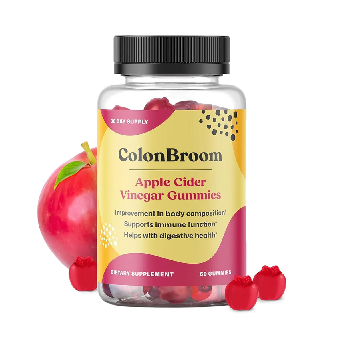ColonBroom Apple Cider Vinegar Gummies bottle with vitamin B12 for immune support and energy.