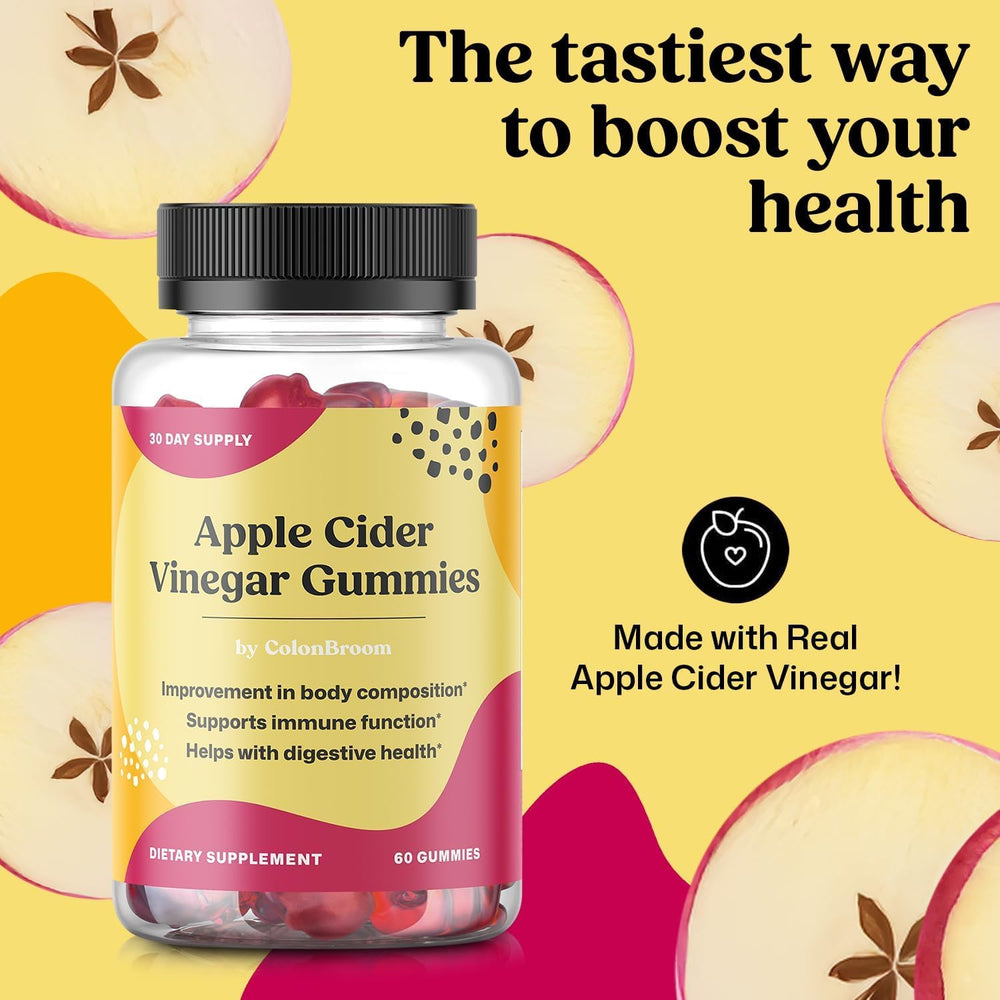ColonBroom label highlighting vegan and non-GMO ingredients with apple cider vinegar.