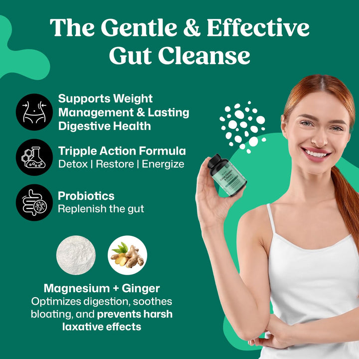ColonBroom capsules close-up highlighting convenient daily capsules for digestion support.