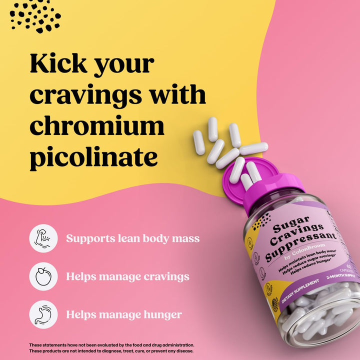 ColonBroom chromium capsules closeup highlights vegan, zero-calorie capsules for mindful snacking.