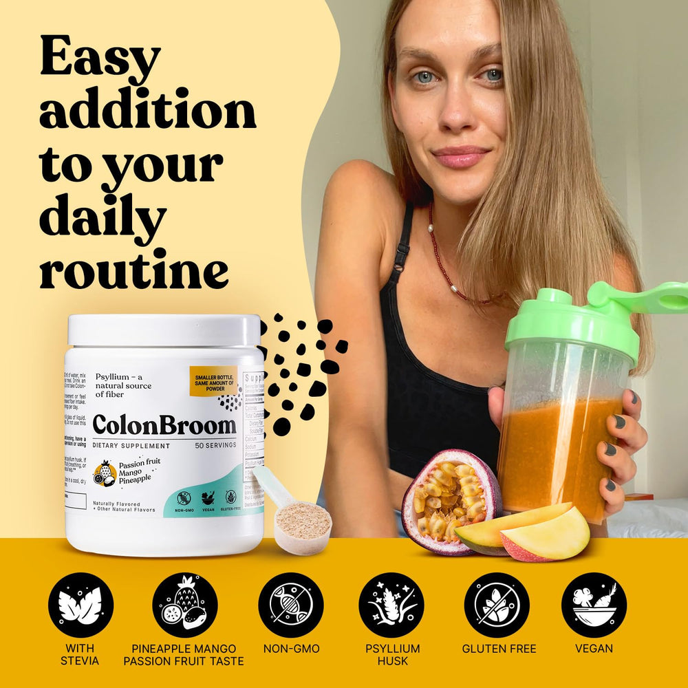 ColonBroom glass with scoop demonstrates convenient daily fiber routine.
