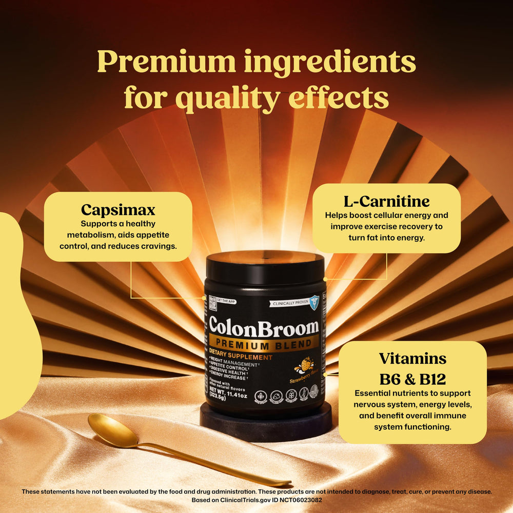 ColonBroom ingredients label featuring psyllium and vitamins.