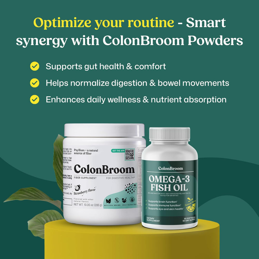 4-month supply packaging showcases ColonBroom Omega-3 bottle and label.