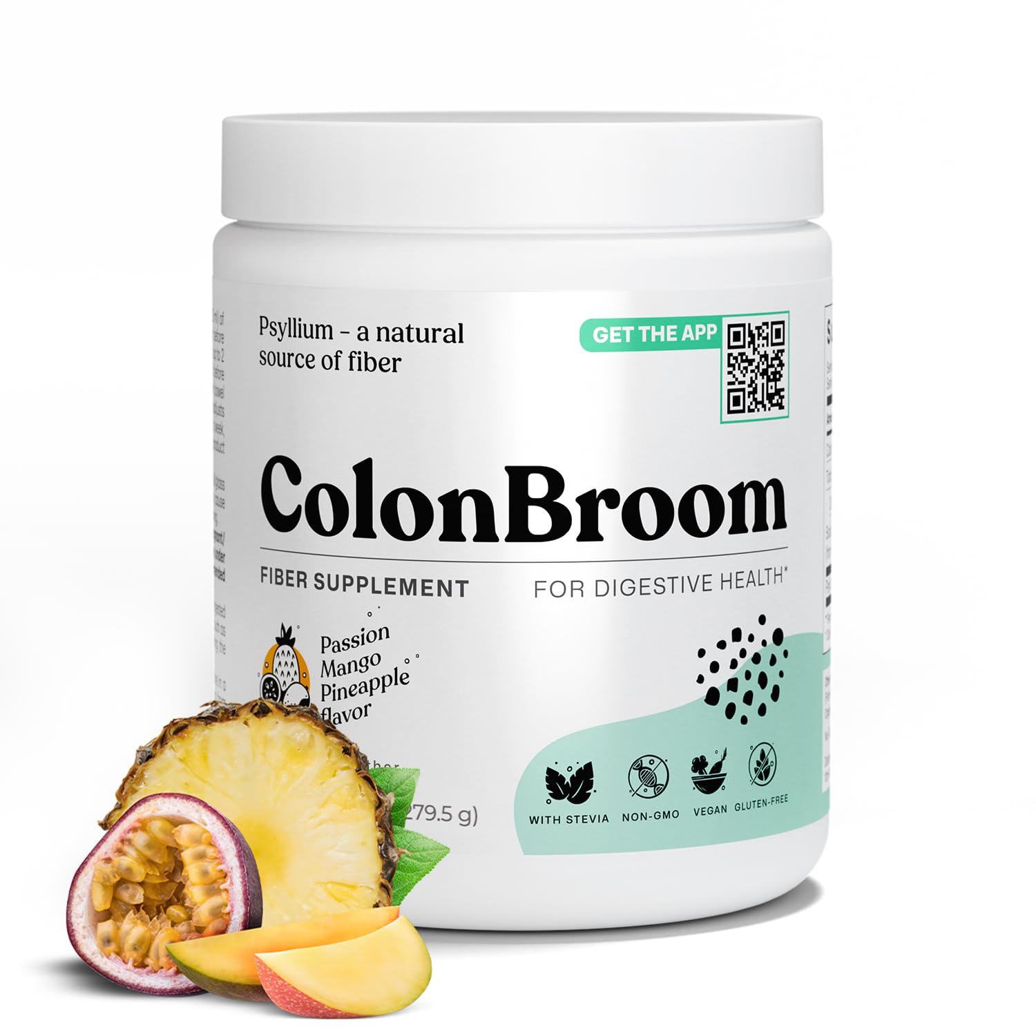 ColonBroom psyllium husk powder bottle showing vegan, sugar-free digestive support.