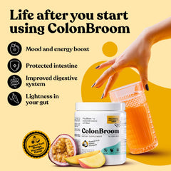Mixing ColonBroom powder in water creates a refreshing, smooth fiber drink.