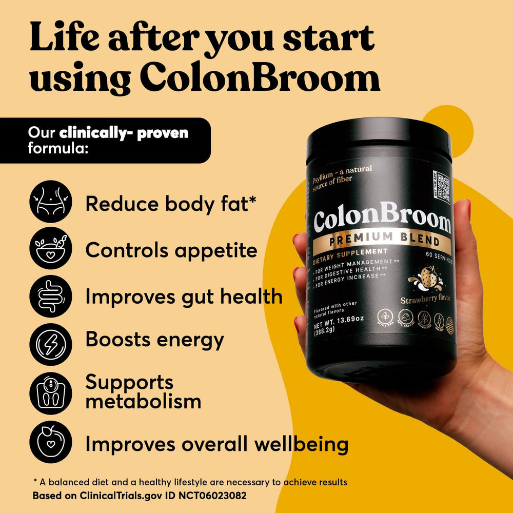ColonBroom psyllium husk powder scoop measuring a daily serving for bloating relief.
