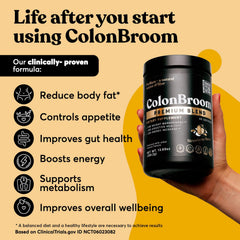 ColonBroom psyllium husk powder scoop measuring a daily serving for bloating relief.