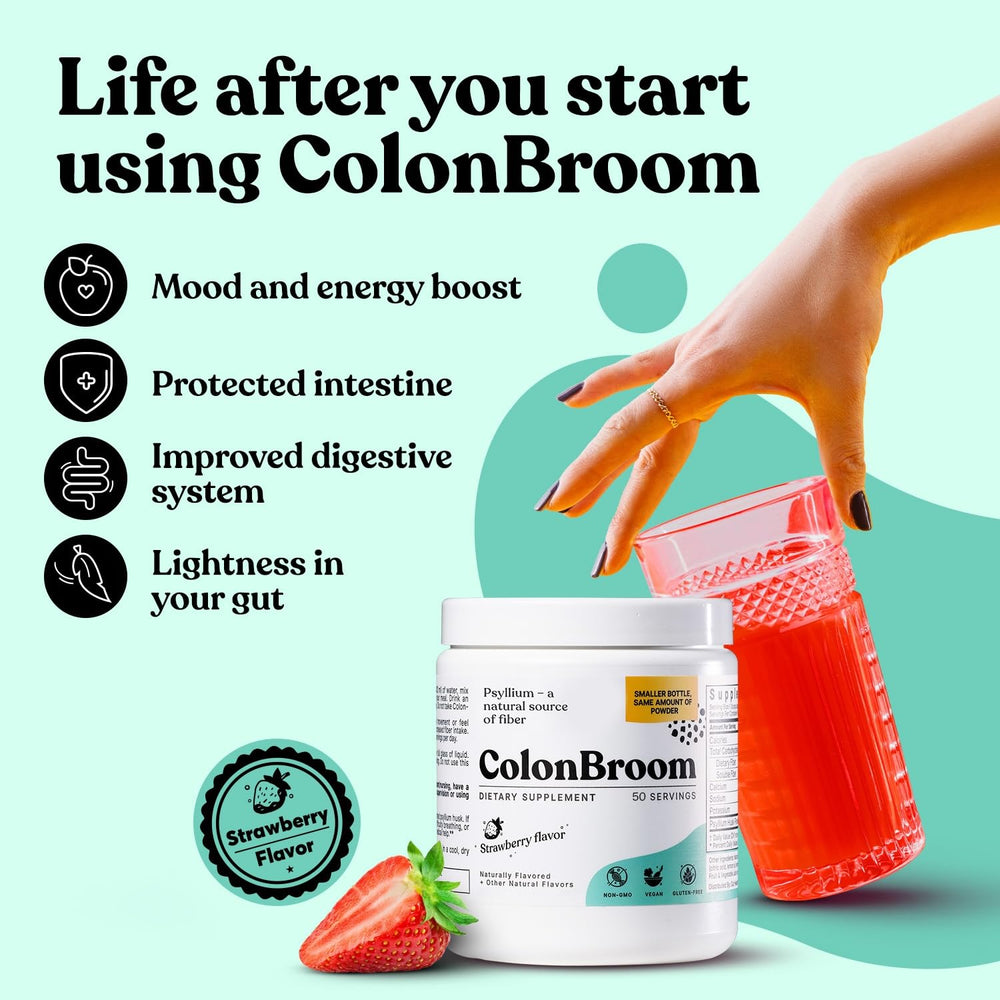 Pouring ColonBroom powder into water to create a refreshing fiber drink