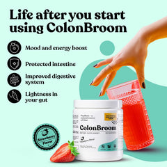 Pouring ColonBroom powder into water to create a refreshing fiber drink