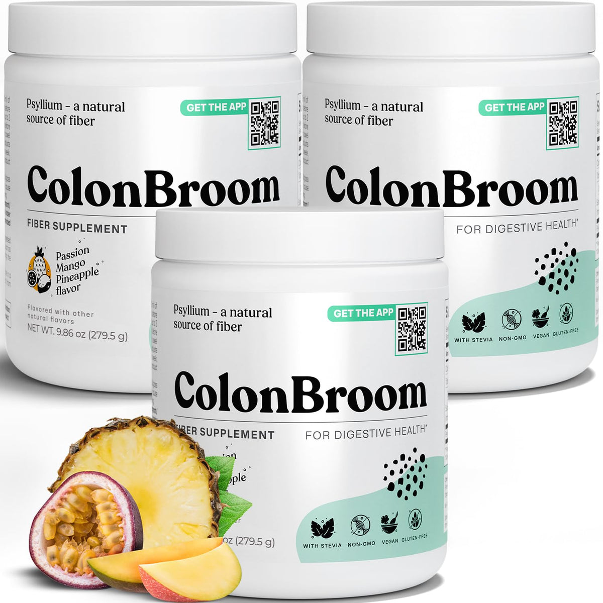 ColonBroom psyllium husk powder tropical fruits packaging supports daily fiber intake.