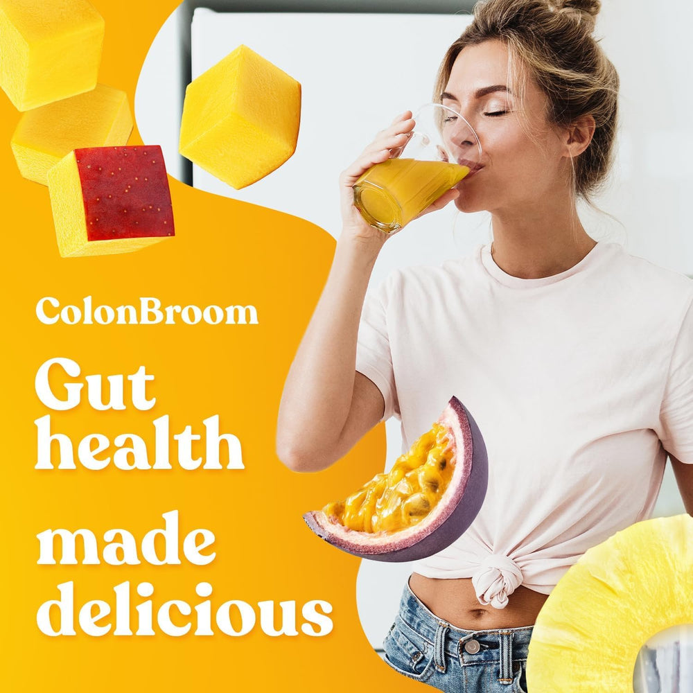 ColonBroom psyllium husk powder with scoop ready to mix for easy fiber addition.