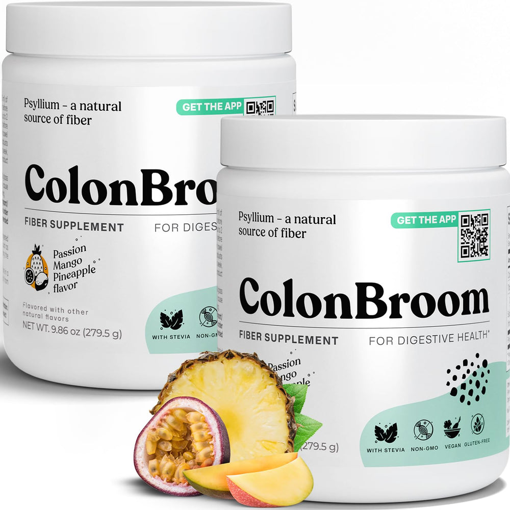 ColonBroom psyllium husk powder tropical fruits shake for gentle digestive support.