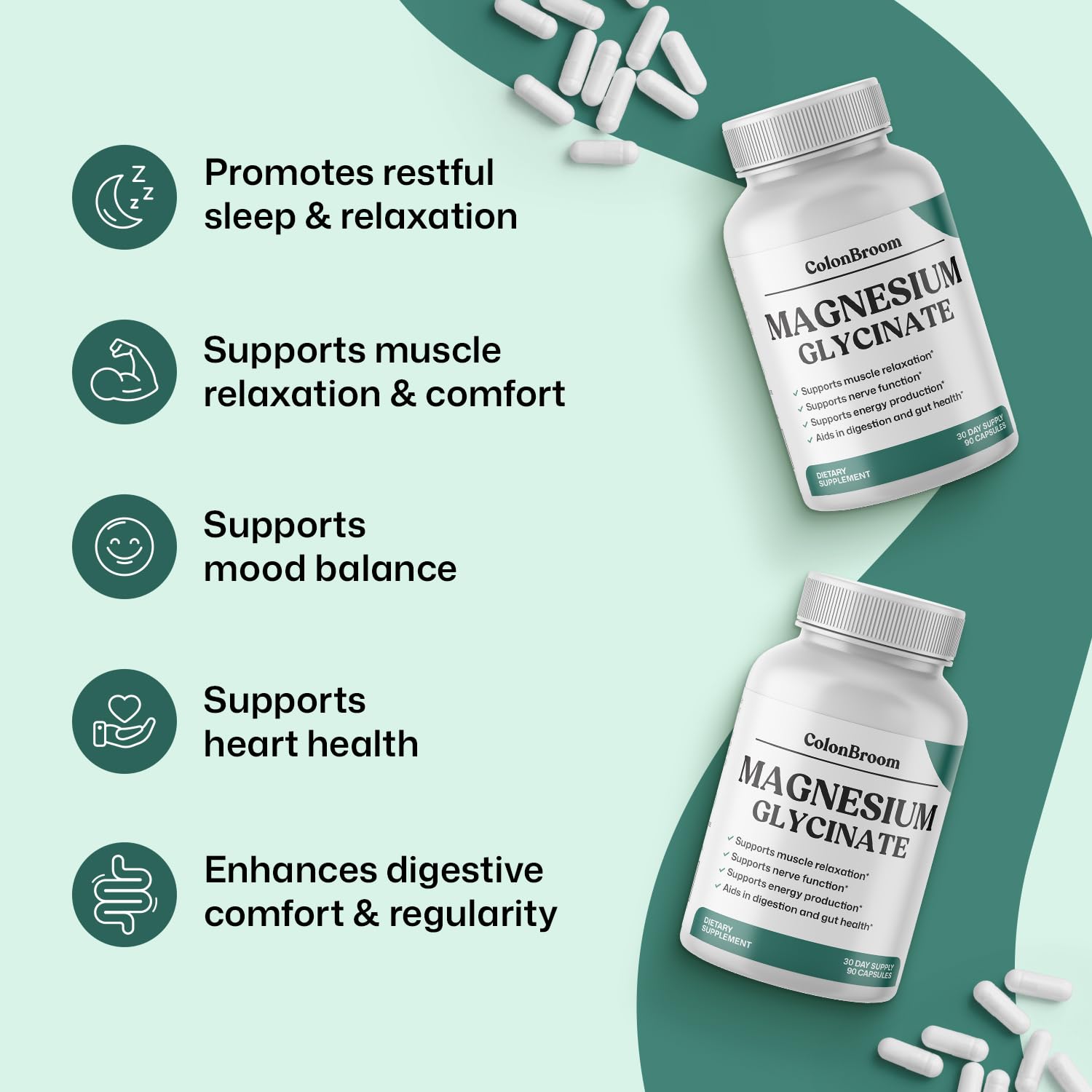ColonBroom magnesium glycinate capsules label highlights pure formulation for sensitive diets