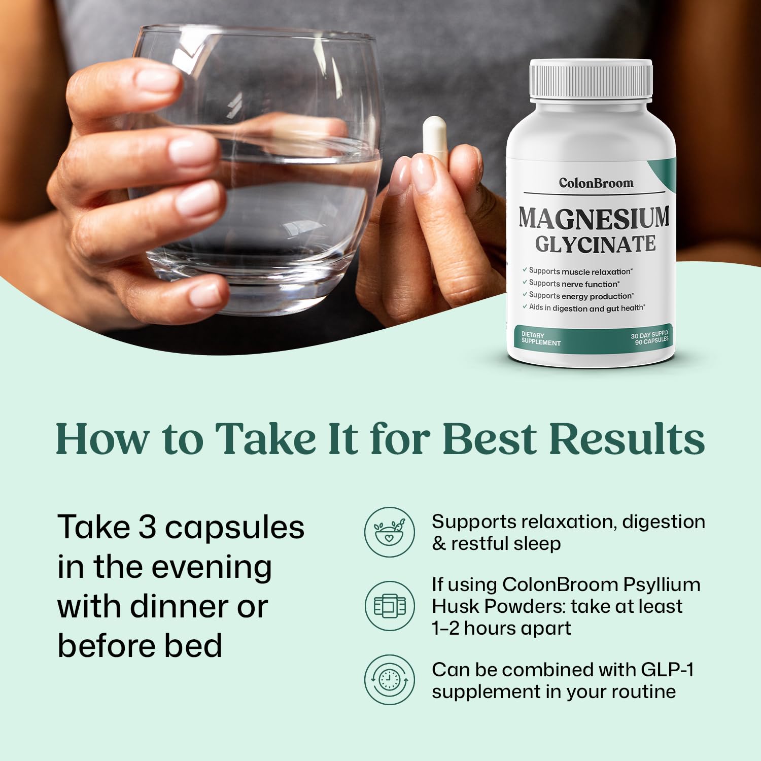 ColonBroom Magnesium Glycinate capsules fit into morning routine for steady magnesium intake.