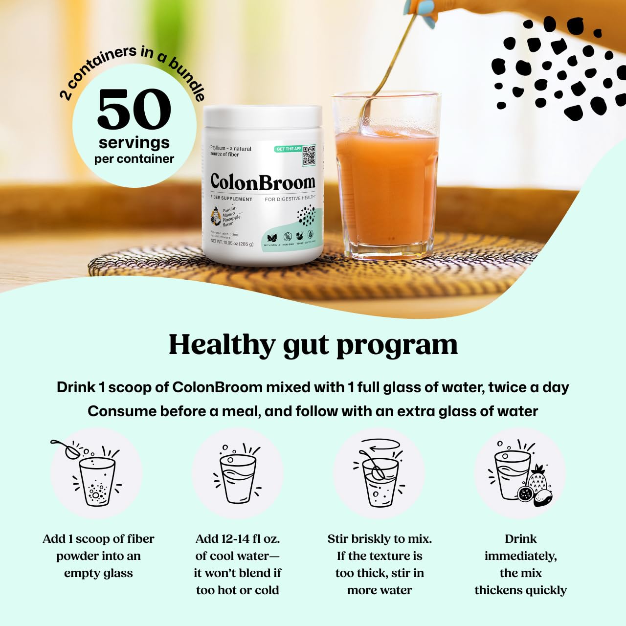 ColonBroom ready-to-drink glass highlighting convenient fiber intake.