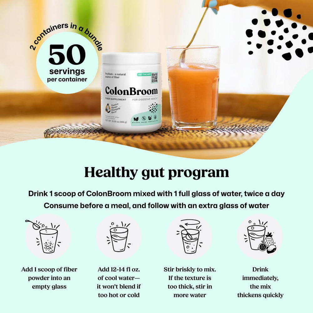 ColonBroom ready-to-drink glass highlighting convenient fiber intake.
