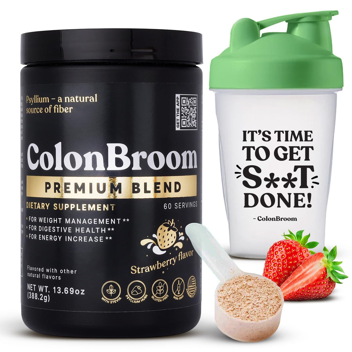 ColonBroom strawberry powder jar — convenient fiber for gut health.