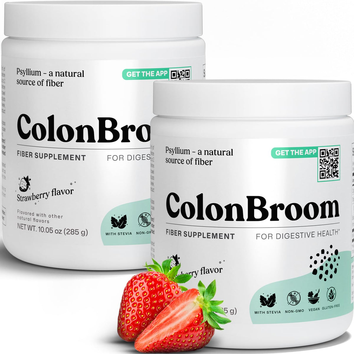 ColonBroom strawberry powder tub for flavorful fiber support.