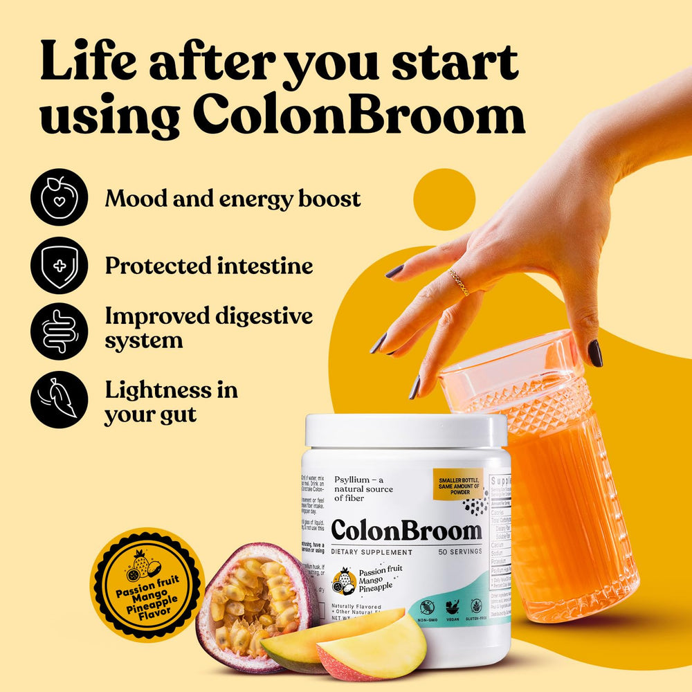 ColonBroom tropical fruits flavor drink closeup for refreshing fiber intake.
