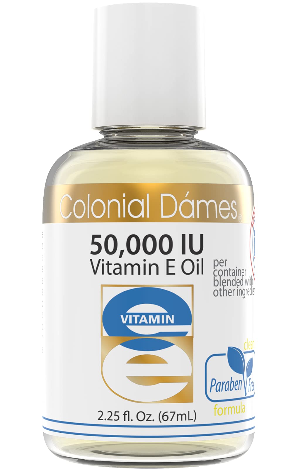 Colonial Dames Vitamin E oil bottle showing high potency hydration for skin
