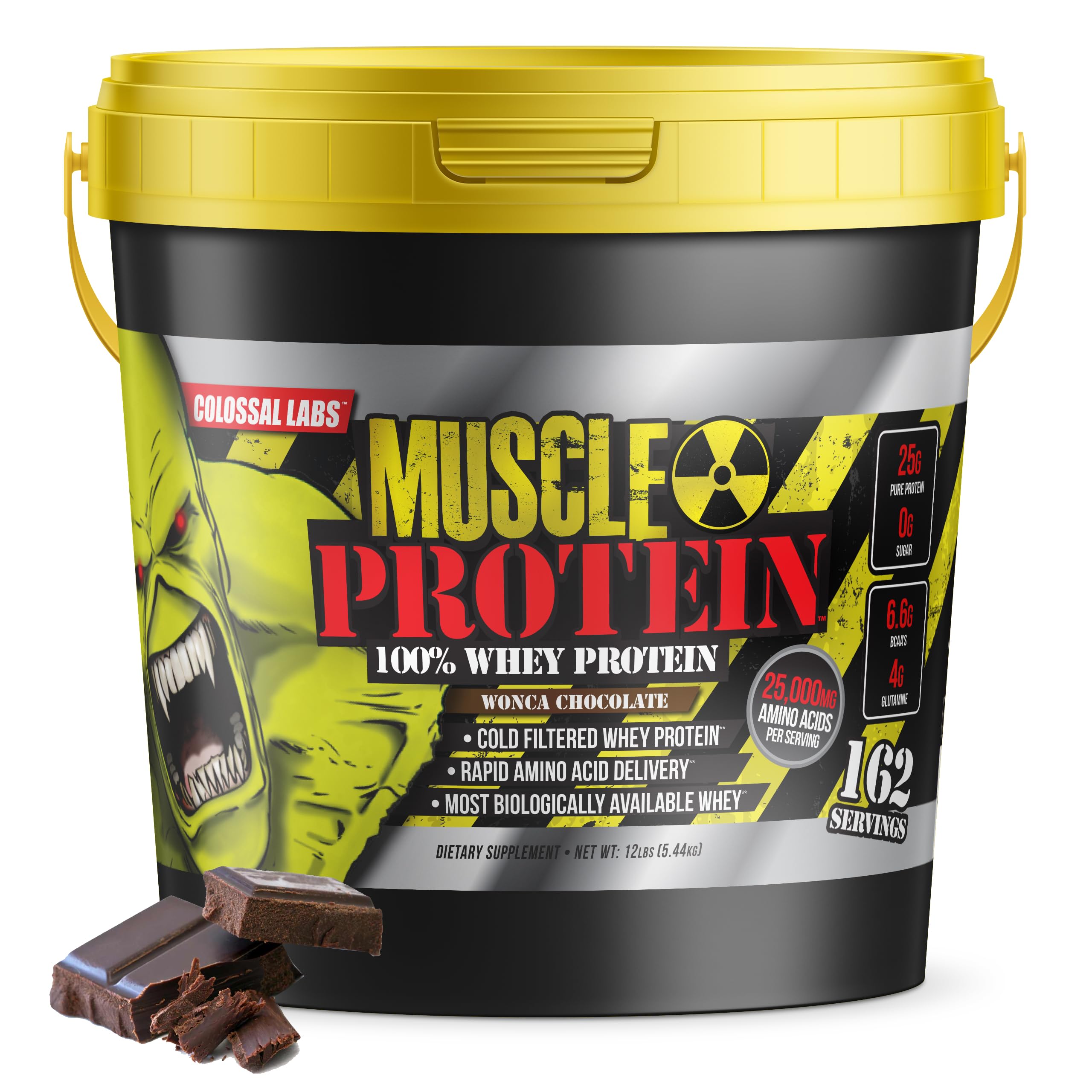 Colossal Labs Muscle Protein Whey bottle in chocolate flavor for post-workout recovery