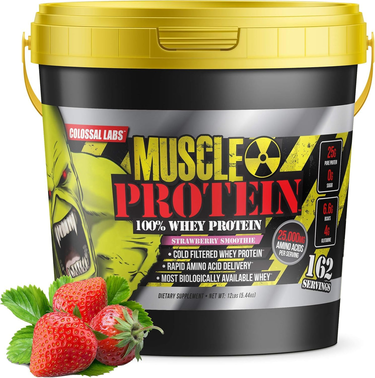 Colossal Labs Muscle Protein Whey Bottle 12 lb strawberry flavor for post-workout fueling.