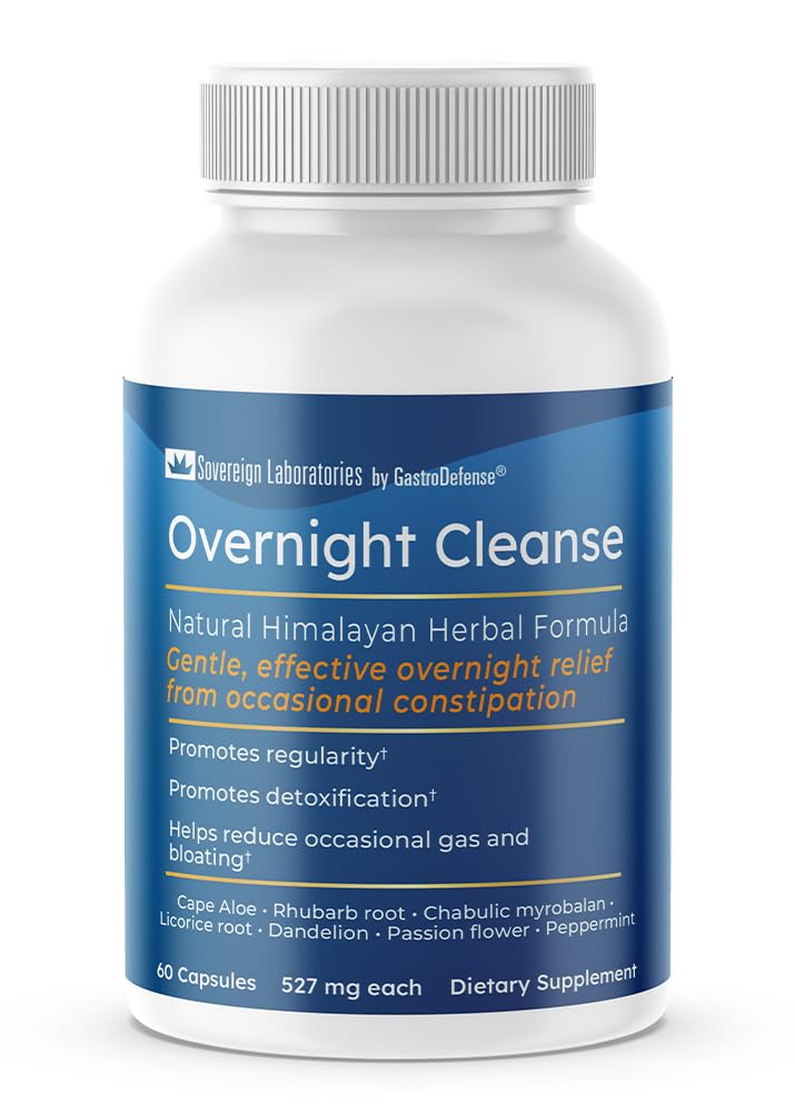 Colostrum-LD GastroDefense bottle with overnight cleanse capsules for occasional constipation support.