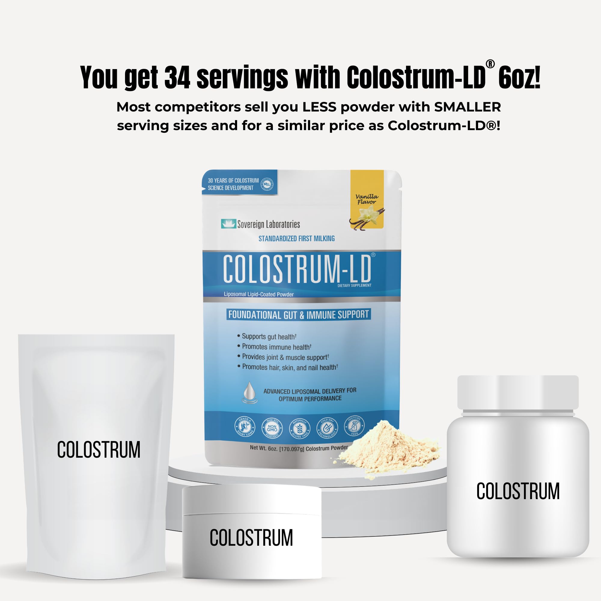 Colostrum-LD 34-serving bottle on a pantry shelf