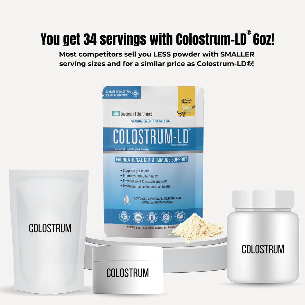 Colostrum-LD 34-serving bottle on a pantry shelf