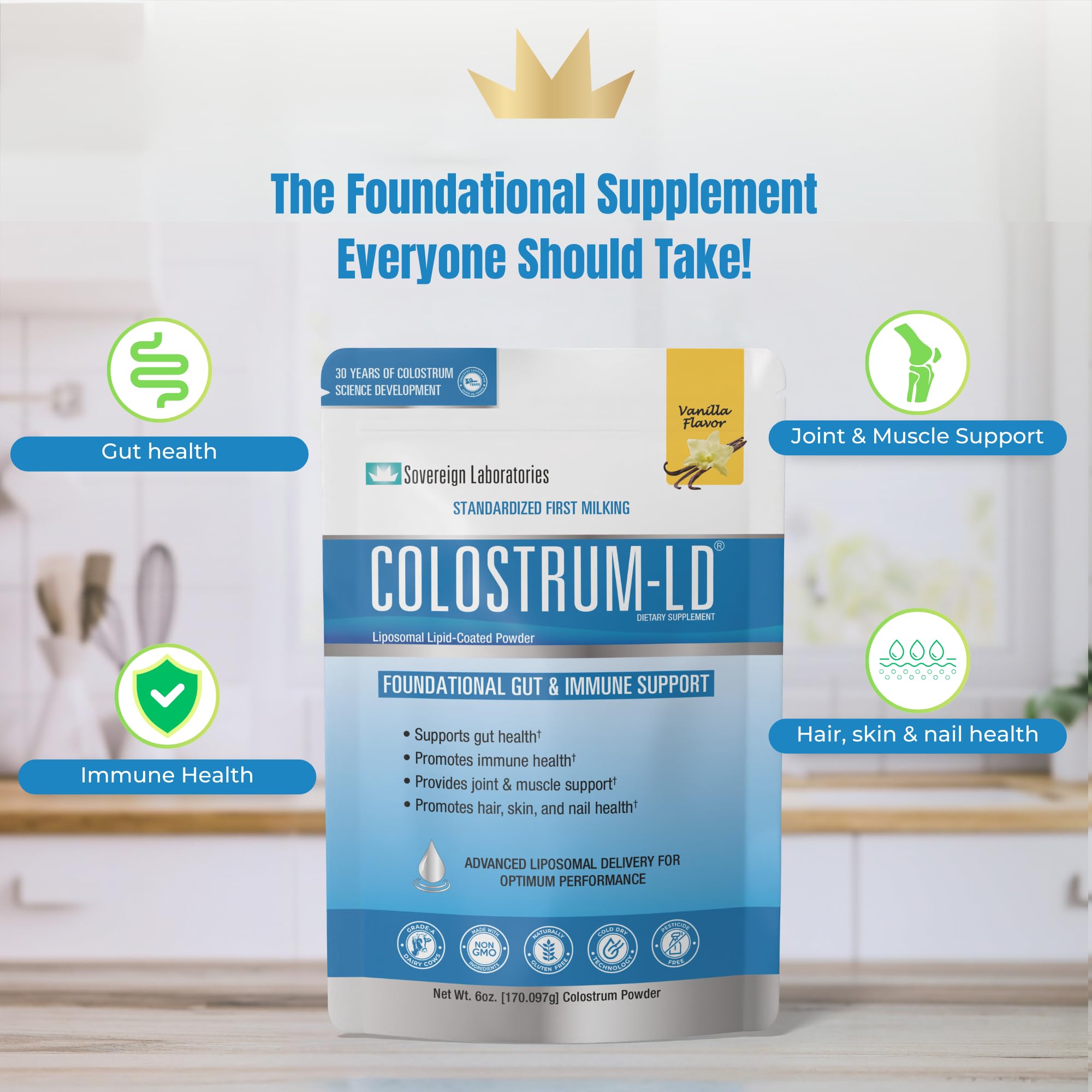 Colostrum-LD label highlights immunoglobulins and lactoferrin content