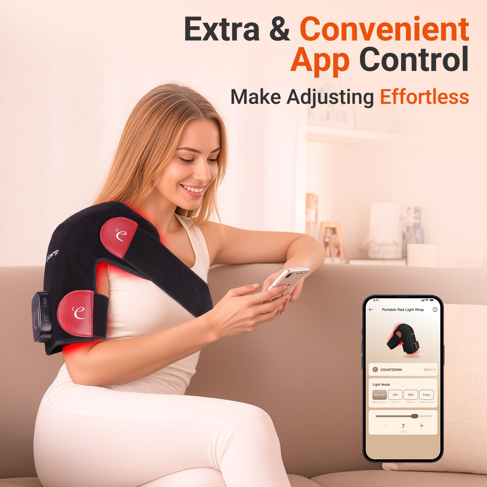 Comfytemp app-controlled infrared shoulder brace for hands-free use.