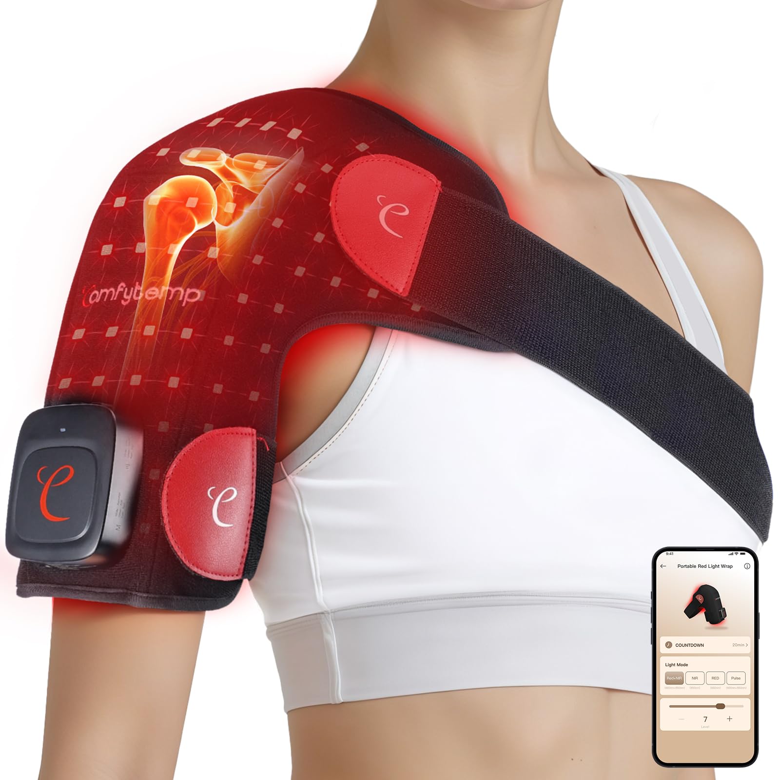 Comfytemp cordless red light shoulder wrap with 94 LEDs and adjustable strap.