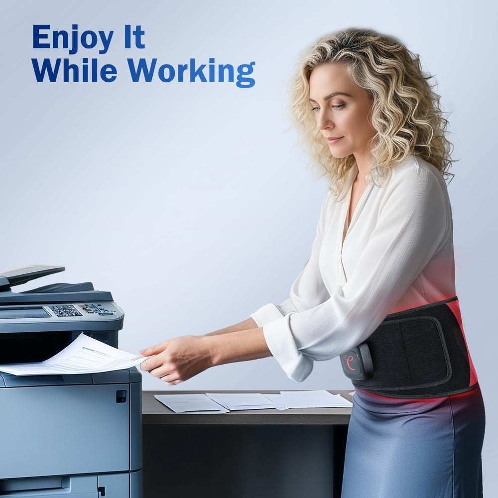 Comfytemp red light belt in office setting highlights hands-free relaxation.