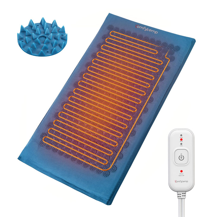 Comfytemp heated acupressure mat on a bed for back-focused relaxation.