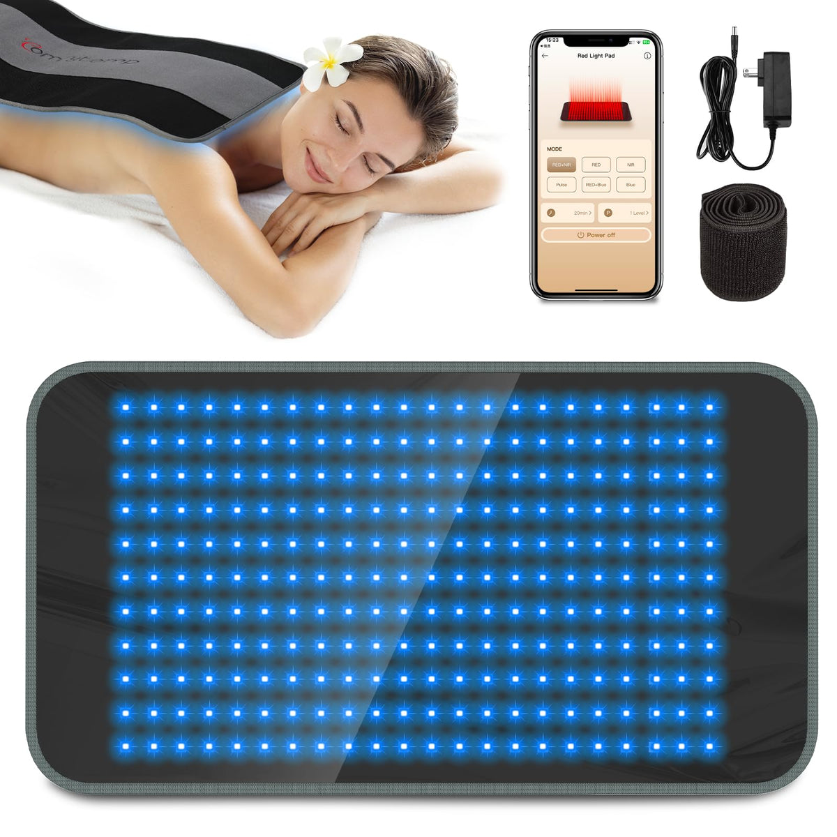 Comfytemp red and blue light therapy pad shown from the front for targeted use