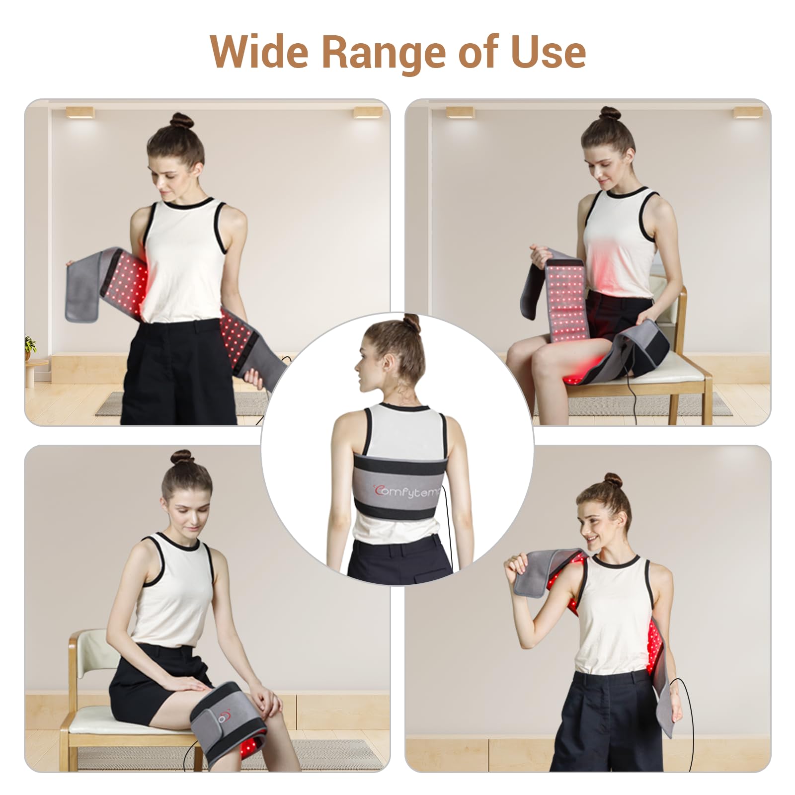 Comfytemp red light therapy belt side view highlighting flexible wrap for body coverage